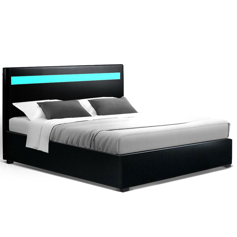 Leather Bed Frame LED Black Cole