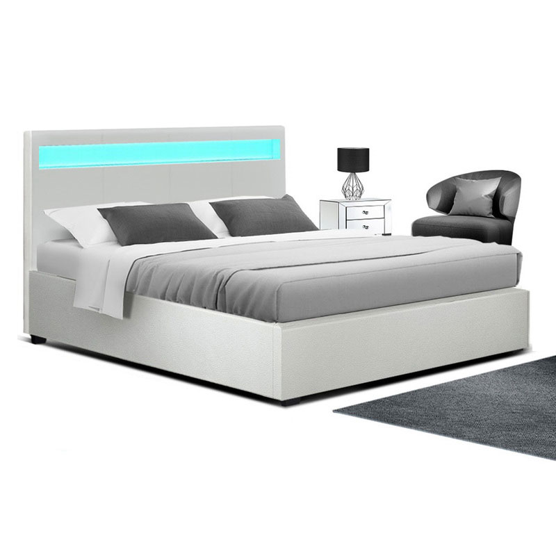 Leather Bed Frame LED White Cole
