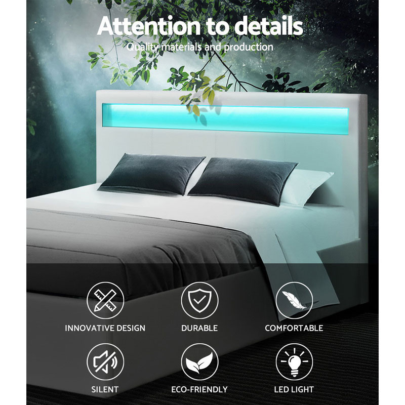 Leather Bed Frame LED White Cole