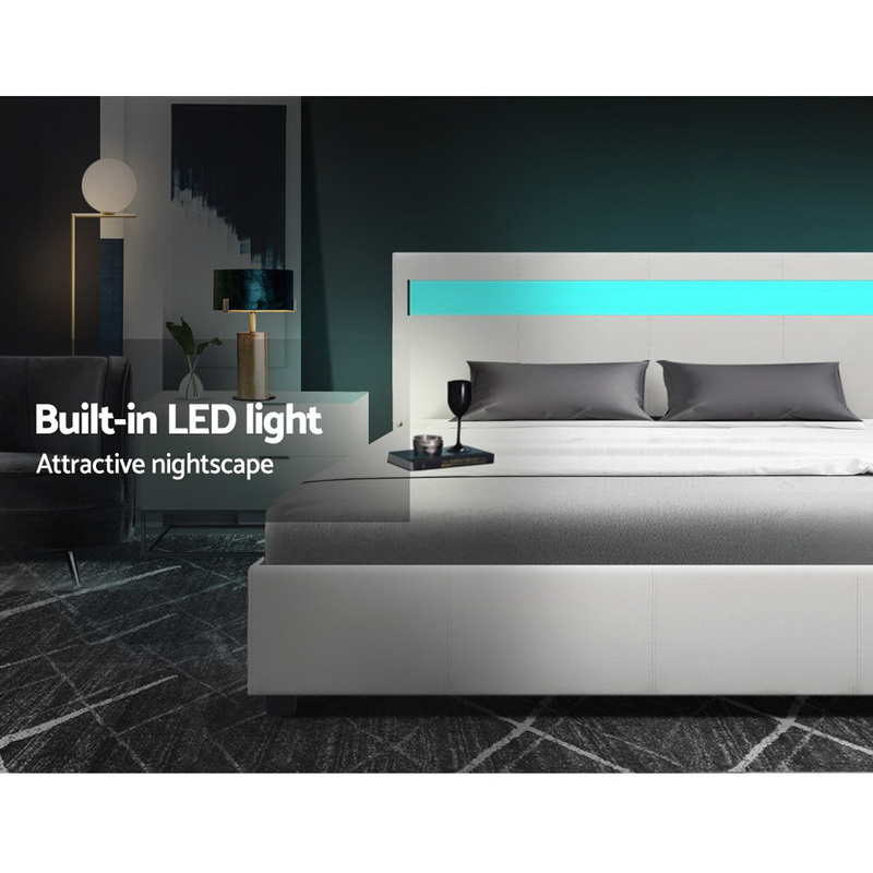 Leather Bed Frame LED White Cole