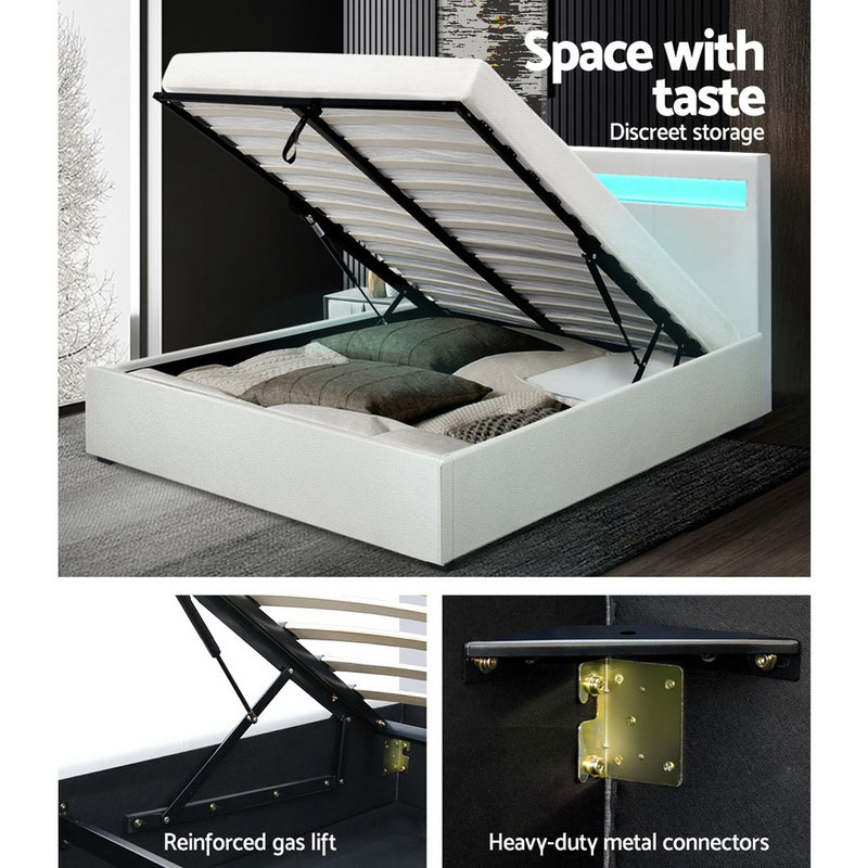 Leather Bed Frame LED White Cole