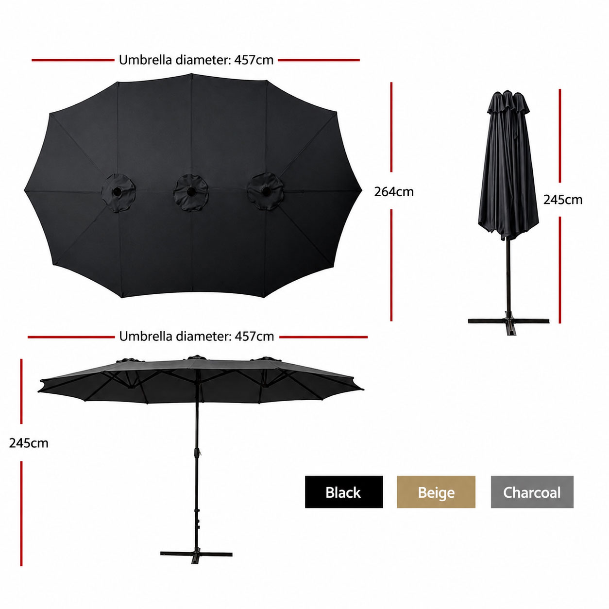 4.57m Outdoor Umbrella Twin Black
