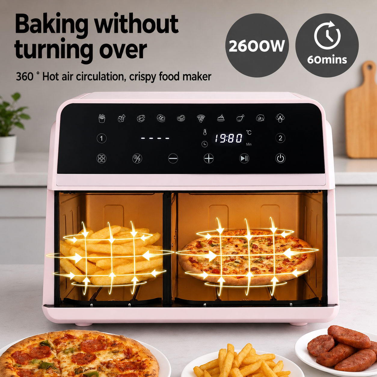 9L Air Fryer 2600W Dual Zone Pink