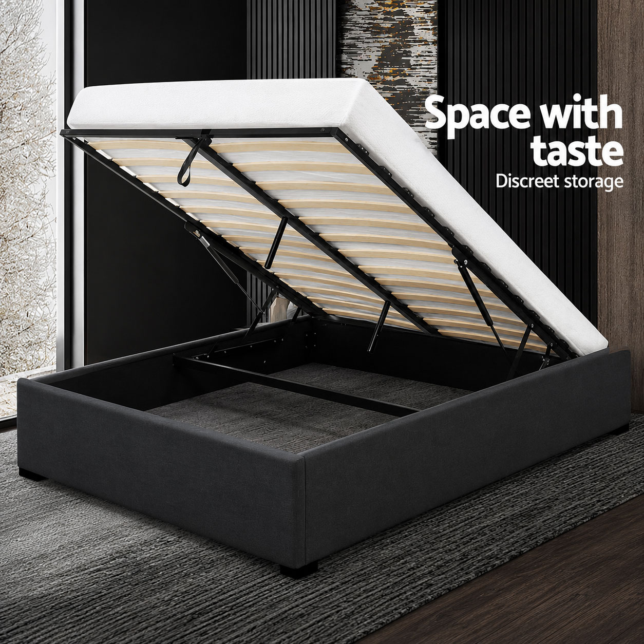 Fabric Gas Lift Bed Frame Toki Charcoal