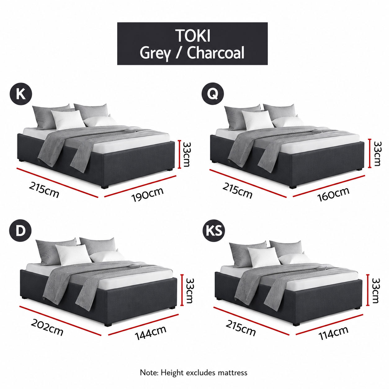 Fabric Gas Lift Bed Frame Toki Charcoal