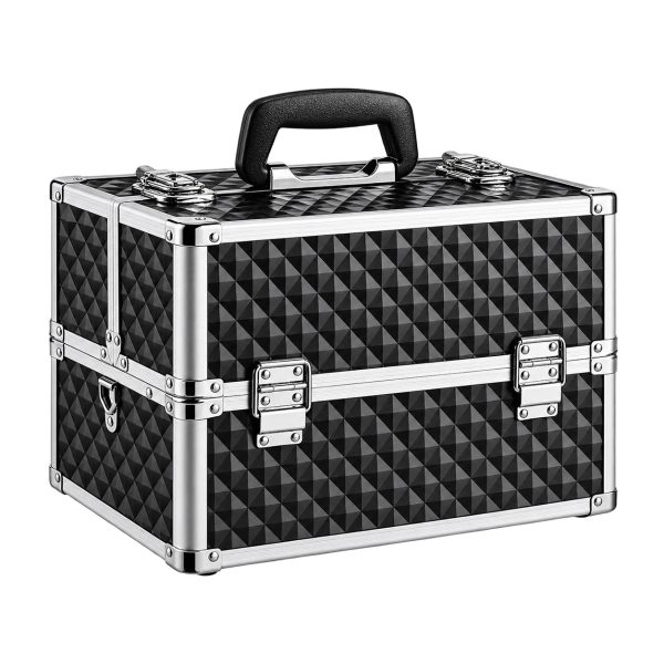 Makeup Case Organiser Travel Aluminium Black & Silver Diamond