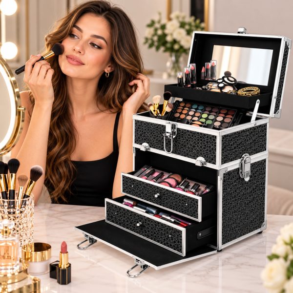 Makeup Case Organiser Professional Aluminium Black Crocodile Mirror