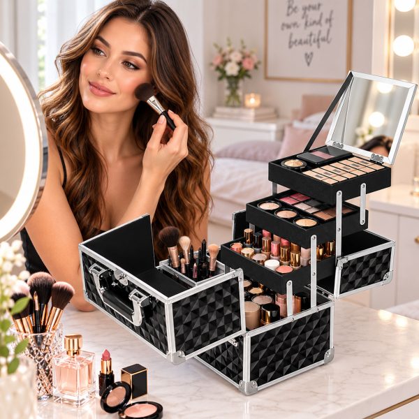 Makeup Case Organiser Professional Aluminium Black Diamond 3 Tray Mirror