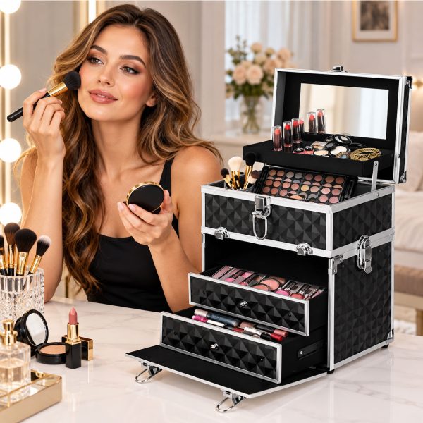 Makeup Case Organiser Professional Aluminium Black Diamond Mirror