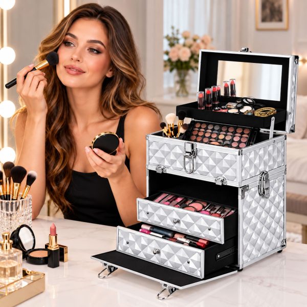 Makeup Case Organiser Professional Aluminium Silver Diamond Mirror