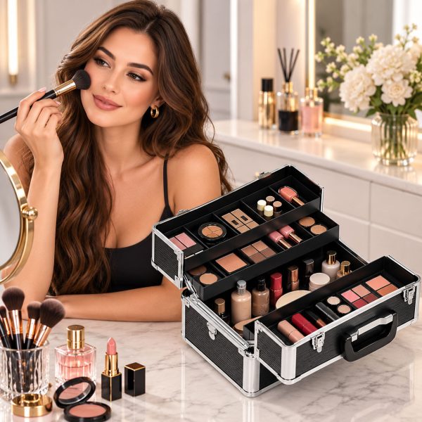 Makeup Case Organiser Travel Aluminium Black