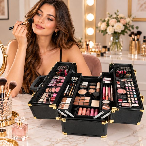 Makeup Case Organiser Travel Aluminium Black Gold