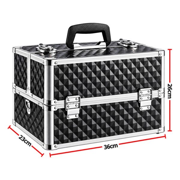 Makeup Case Organiser Travel Aluminium Black & Silver Diamond