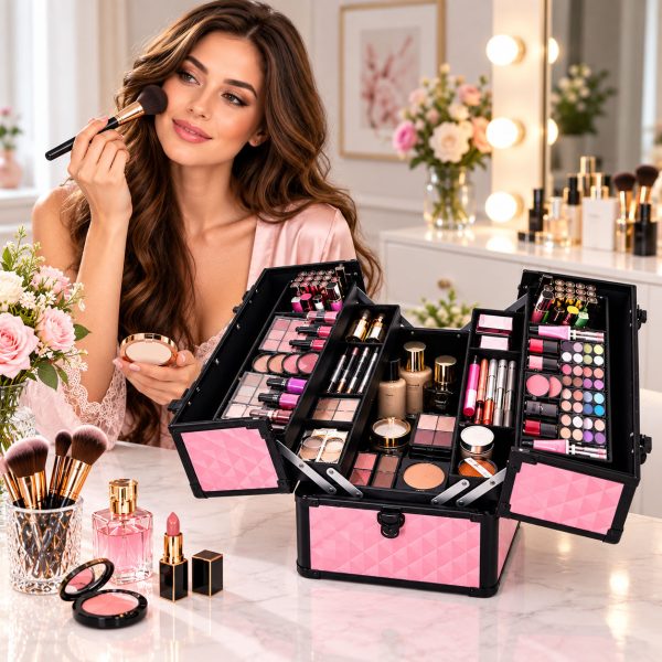 Makeup Case Organiser Travel Aluminium Pink Diamond