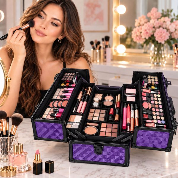 Makeup Case Organiser Travel Aluminium Purple Diamond