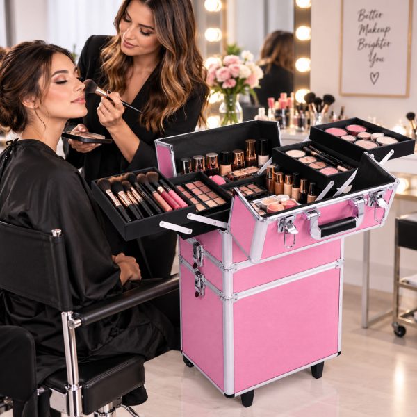 Makeup Case Organiser Trolley 7-in-1 Aluminium Pink
